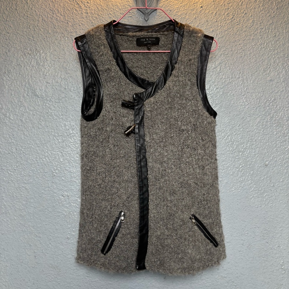 Rag & Bone Gray Wool Vest with Black Leather Accents. Vintage